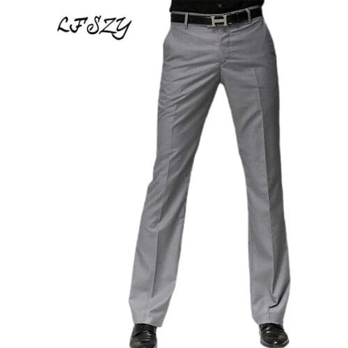 Color: Black Gray Navy Blue Mens Suit Pants 2019 New Micro Flare Pants Male Korean Straight Pants Free Tie Big Feet Pants