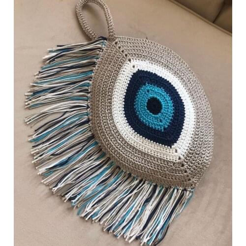 Handmade, Design, Evil Eye, Lined and hidden pocket, clutch, Summer Bag, Bohemian Bag, Tasseled Beach Bag