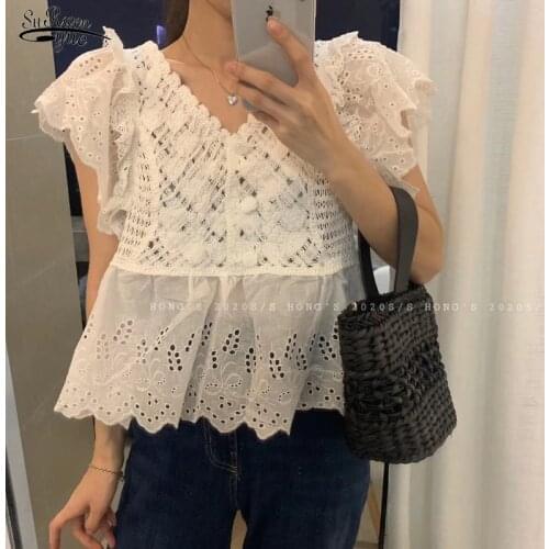 Summer 2021 Korea Lace Embroidery Stitching Women Blouse Office Floral Hollow Out V Neck Shirts Women Short Sleeve Blusas 14455