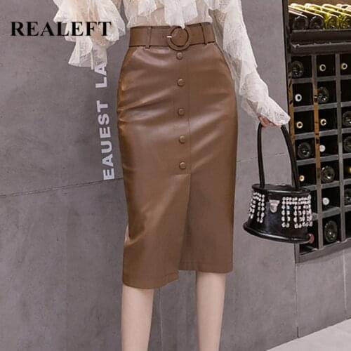 REALEFT Autumn Winter PU Leather Womens Skirt 2021 New High Waist Black Office Wrap Sexy Pencil Skirts With Belt Ladies Skirt