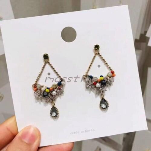 MENGJIQIAO New Korean Colorful Rhineston Rhombus Crystal Drop Earrings For Women Waterdrop Elegant Pendientes Party Jewelry