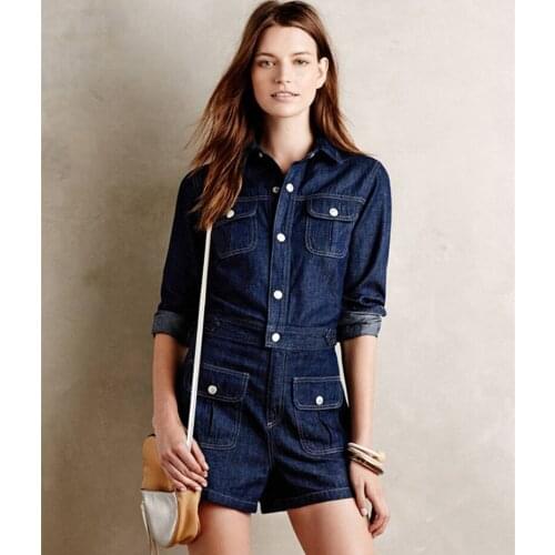 Jeans Jumpsuit Short For Women Denim Playsuit Long Sleeve Spring Autumn Rompers Pockets Fashion Ladies Casual Overalls Femme