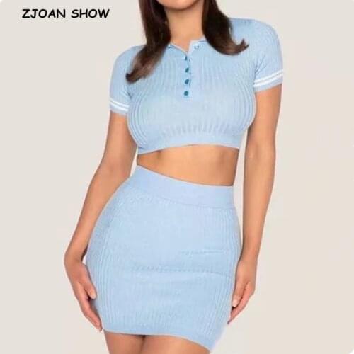 2020 Lapel Knitted Short Sleeve T-shirt Casual Women Package hips Mini Short Skirt Crop Top Short Pullover Tee Tops 2 Pieces Set