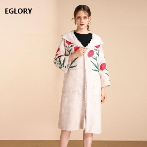 Top Quality New 2019 Autumn Winter Wool Cashmer Suede Leather Long Coats Women Vintage Floral Embroidery Casual Woolen Overcoats