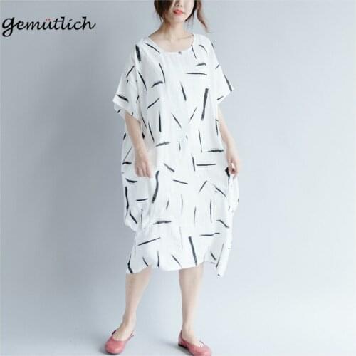 Plus Size GEMUTLICH Summer Women Cotton Linen Dress Loose Casual Comfortable Long Dress White Black