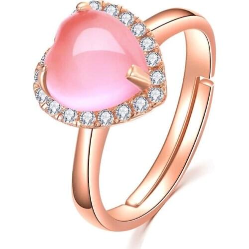 Silver 925 Rose Gold Gemstone Rings For Women Heart Pink Rose Quartz Wedding Engagement Ring Charm Party Fine Jewelry Gifts 2020