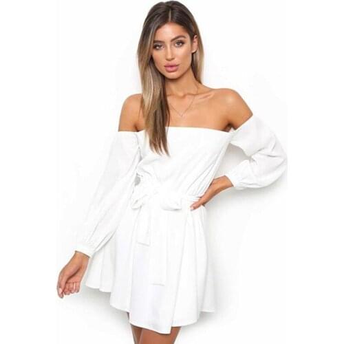 Women Sexy Off Shoulder Dress Women Long Sleeve Strapless Slim Lace-Up Belt Mini Dress New Sashes Slash Neck Dress Vestido
