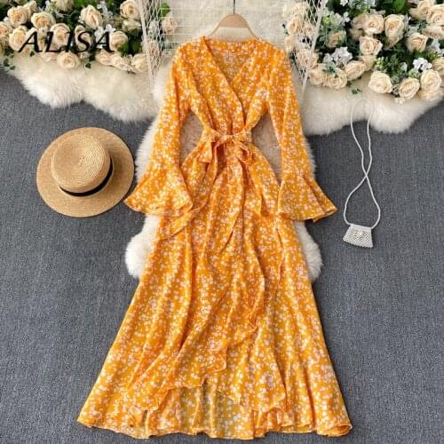 Women Boho Irregular Ruffled Dress Spring Autumn Long Sleeve Sexy V Neck Floral Dress Ladies Elegant Bandage Print Chiffon Dress