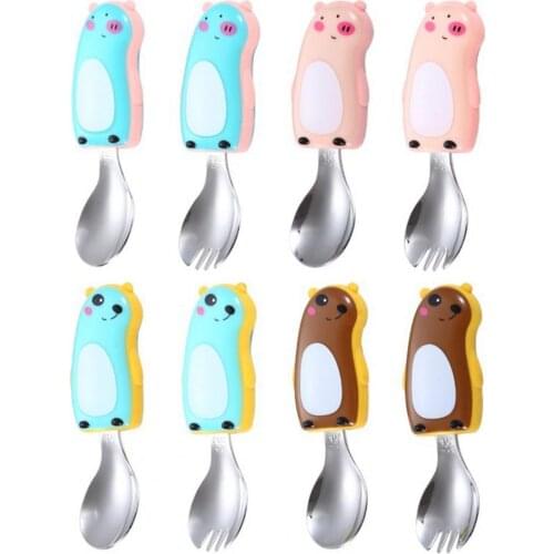 2Pcs/Set Kid Feeding Spoon Food Grade Cartoon Pattern Stainless Steel Cutlery Spoon Fork Set for Home Kitchen Supplies