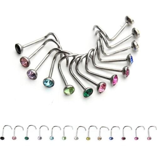 20pcs/lot Silver Color Stainless Steel Rhinestone Crystal Nose Studs Hooks Bar Pin Nose Rings Body Piercing Jewelry For Women
