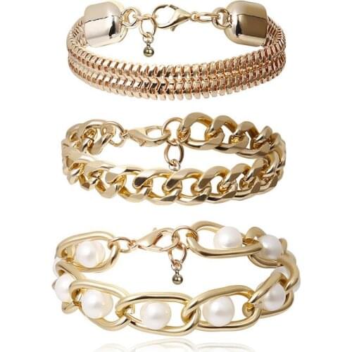 3 Pcs/Set Gold Color Chunky Link Chain Bracelets for Women Internet Celebrity Jewelry Fashion Bracelets Woman 2020 New