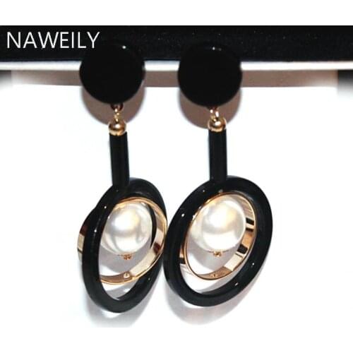 Black Circle Earrings Brand Design Geometric Round Statement Simulated Pearl Earring For Women Jewelry Accessories Gift