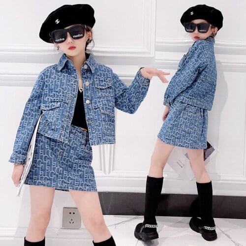 Children Letter Denim jacket+skirt pants 2pcs kids girls clothes set Autumn Coat Jeans Skirt Teen Girl Clothing Fashion Sets