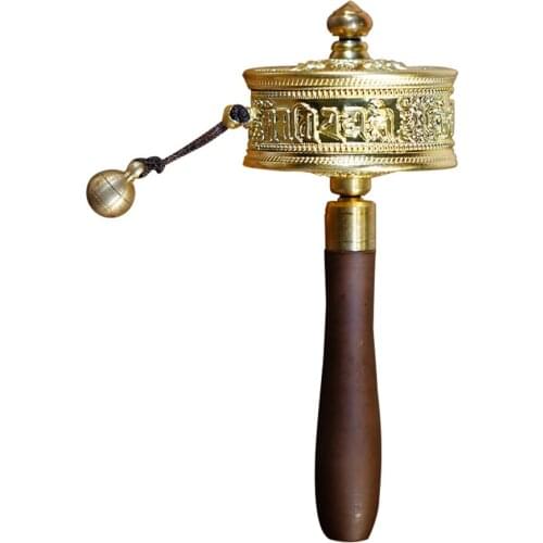Exquisite Tibetan Supplies Nepal Alloy Metal IP Plating Sandalwood Handle Scriptures Carving Hand Cranking Swept Buddhist Prayer