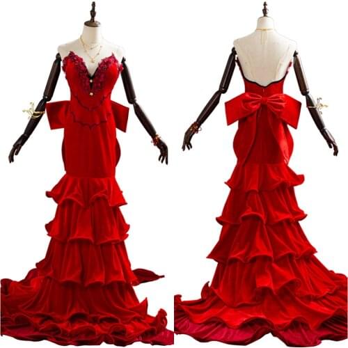 Fast Shipping Anime Final Fantasy VII Remake Aerith Aeris Gainsborough Cosplay Costume Red Party Dress Halloween Suit