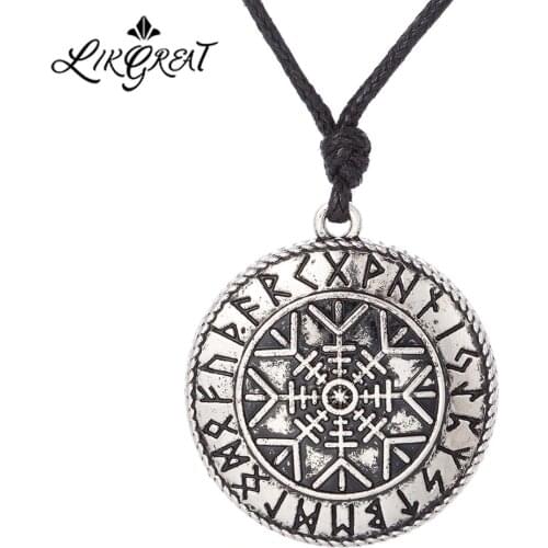 LIKGREAT Aegishjalmur Helm of Awe Pendant Necklace Protection Amulet Viking Runes Round Pendant Talisman Antique Gothic Necklace