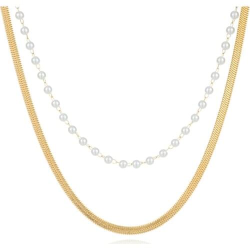 Multi-layer Stainless Steel Pearl Choker Necklace for Women Statement Snake Chain Collar Necklace Birthday Fashion Jewelry Gift