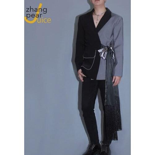 New Arrival Mens Wear Color Block Patchwork Loose Coat For Men 2021 New Lace Up Blazers Design Men Bandage Blazer Jacket