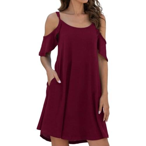 WomenS Fashion Cold Shoulder Short Ruffle Sleeve Summer Mid Dresses With Pocket Casual Adjustable Straps Daily Elegent Vestidos