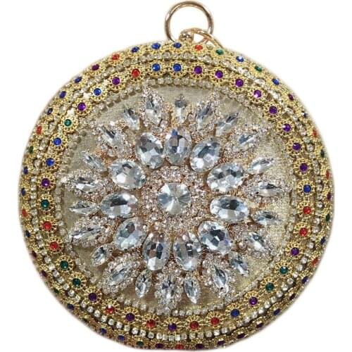 2019 Luxury Gold Silver Bling Crystal Diamond Flower Fashion Round Evening Bag Ladies Handbag Wedding Party Day Clutches Purse