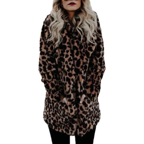 Luxury Women Long Sleeve Lapel Collar Leopard Print Woolen Thick Warm Midi Coat