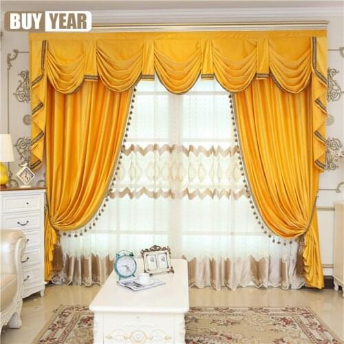 Luxury European Thick Shading Italian Velvet Curtains for Living Room Bedroom Head Valance Window Curtain Fabric Orange Color