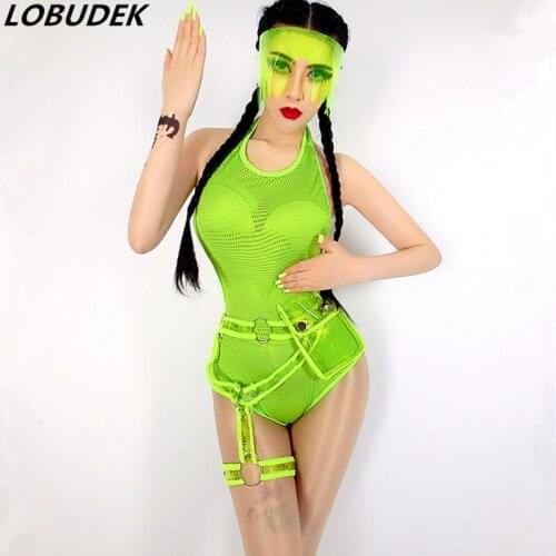 Sexy Mesh See-through Fluorescent Green Backless Bodysuit Nightclub Bar Dance Teams Jazz Stage Outfit Female DJ Singer Costume