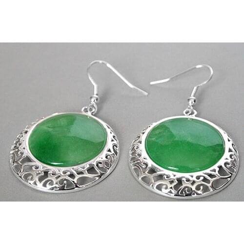 VINTAGE 925 EN ARGENT STERLING NATUREL VERT Naturel Pierre COIN PERLES BALANCENT BOUCLES D'OREILLES 2"
