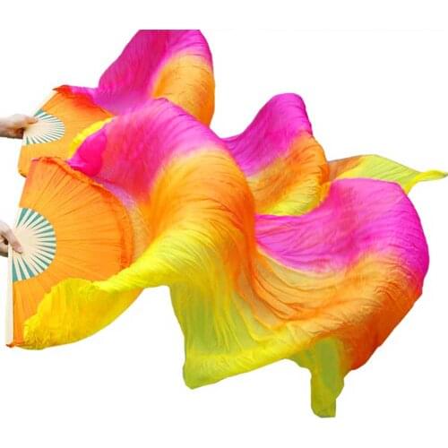 High quality 100% Chinese silk veils dance fans 1 Pair Left+Right belly dance fans Vertical Stripe Rose+Orange+Yellow 180*90cm