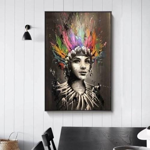 Woman with Colored Feathers on Her Head Canvas Painting Wall Art Nordic Posters and Prints Wall Pictures for Living Room Decor
