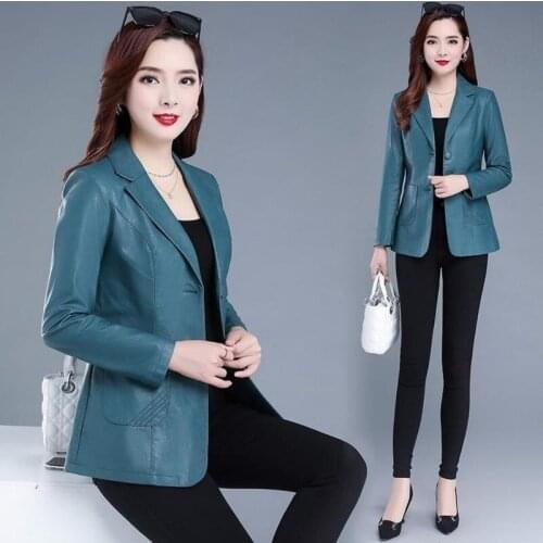 Spring Women Faux Leather Jacket Biker Blue Black Coat Turndown Collar PU Motorcycle Jackets Slim Streetwear Outerwear Y480