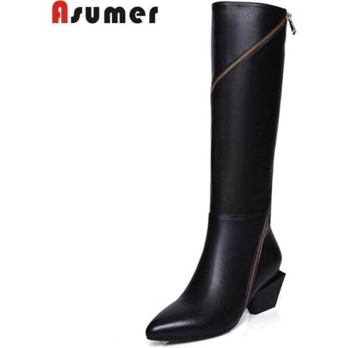 ASUMER HOT SALE 2020 fashion spiral zip genuine leather boots stiletto heel knee high boots for women pointed toe winter boots