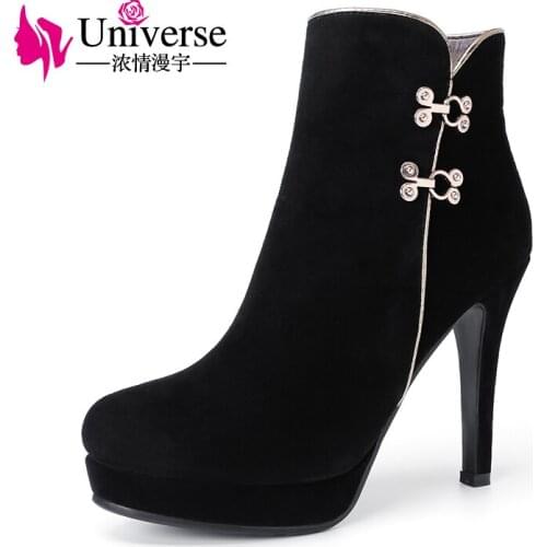 Universe Women Suede Leather Winter Ankle Boots with High Heel C191