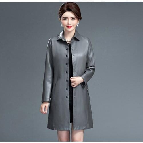 Women Elegant Embroidery PU Faux Leather Long Jacket New Ladies Washed Leather Trench Black Coats Female Slim Outerwear Clothing