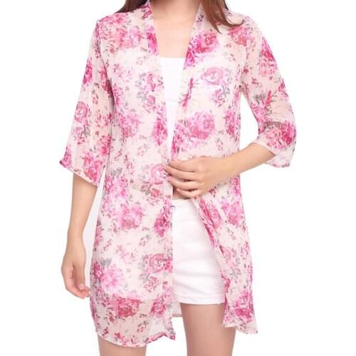 2020 Womens Slim Medium-long Cardigan Women Flower Stripe Dot Print Summer Beach Sunscreen Cardigan Top Cover Up Shawl Cardigan