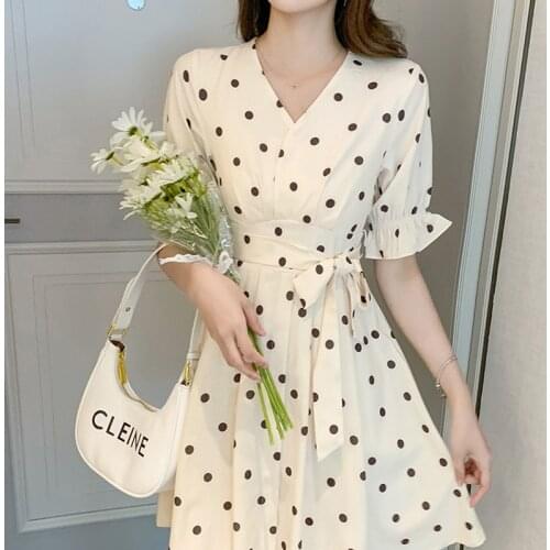 Zoki Dot Chiffon Temperament Women Dress Print V Neck Dress High Waist Casual Loose Dress Lace Up Lady Clothes Autumn New 2021