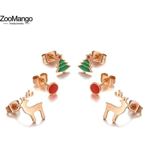 ZooMango Fashion Stainless Steel Christmas Tree Reindeer Earrings 3Pair/Set CZ Crystal Earrings For Christmas Gifts ZE20163