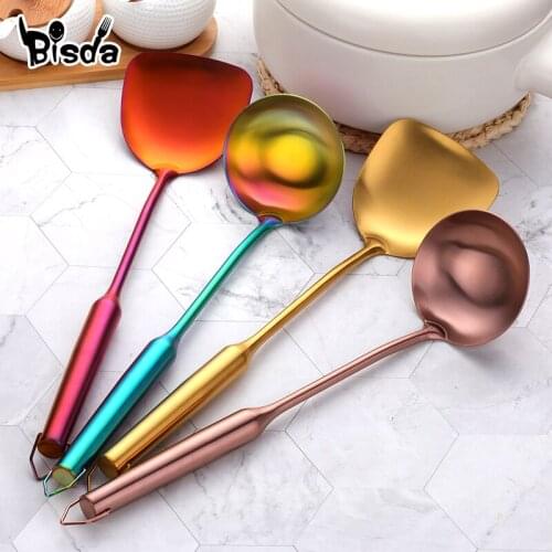1Pc Ladle or Spatula Stainless Steel Long Handle Soup Spoon Kitchen Tools Turners Pancake Shovel Serving Spoon Golden Spatula