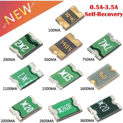 100Piecs/lot 1812 SMD Resettable Fuse 0.05A 0.1A/0.2A/0.5A/0.75A/1.1A/1.5A/1.6A/2/2.6/3/3.5A PPTC PolySwitch Self-Recovery Fuse