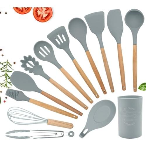 8/9/10/12PCS Silicone Cooking Utensils Set Non-stick Natural Wooden Handles Cooking Tools Turner Tongs Spatula Spoon Cookware