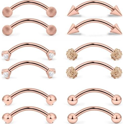 16G 12PC Stainless Steel Eyebrow Studs Rook Daith Earrings Belly Lip Ring Cartilage Tragus Cubic Zirconia Barbell Body Piercing