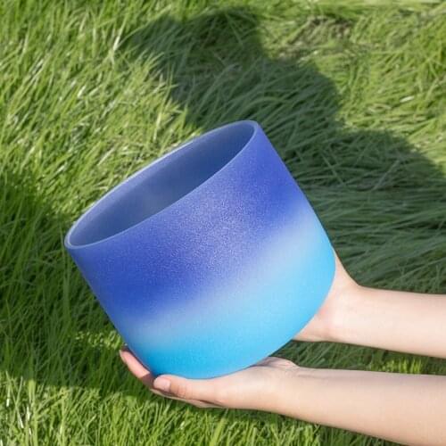 8Inch G Note Throat Chakra Bicolor blue colored Quartz Crystal Singing Bowl + Mallet for Meditation