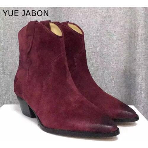 Genuine Leather Suede Ankle Boots Women Solid Chunky Heels Short Boots Classic Chelsea boots botas feminina Womens autumn boots