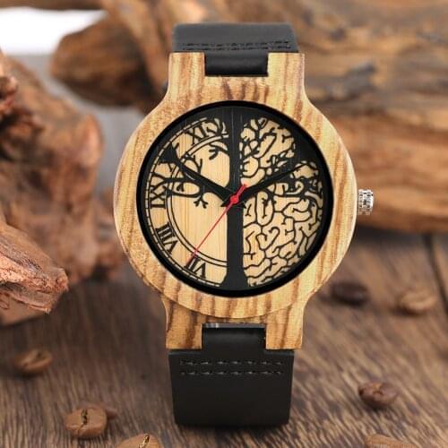 Life Tree Dial Timepieces Wooden Watches Soft Leather Strap Round Dial Natural Quartz Wood Watch Clock Gifts for Men Women