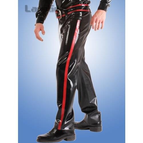 Black with red Men latex rubber jeans latex trousers with the belt