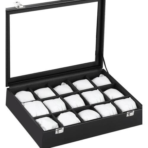 Wood Leather Plated 15 Compartments Black Watch Box