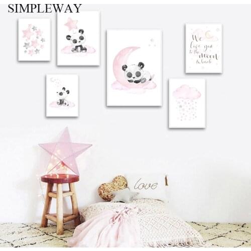 Child Poster Nursery Wall Art Canvas Print Pink Cartoon Panda Moon Painting Nordic Kid Decoration Picture Baby Girl Room Decor
