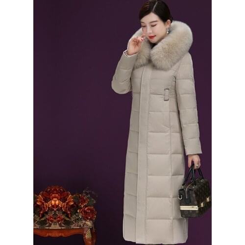 Long winter jacket, female, hooded, fox fur collar, 90%, white Duck down coat, plus size, doudoune femme hiver