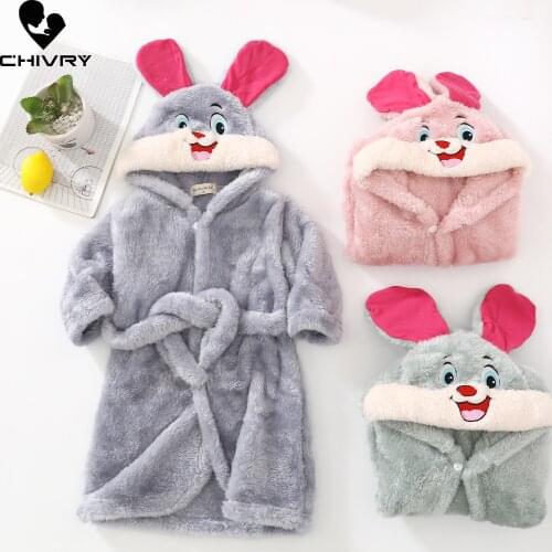Autumn Winter Baby Soft Flannel Hooded Bathrobe New 2021 Kids Bath Robe Baby Boys Girls Pajamas Cartoon Rabbit Plush Towel Robe