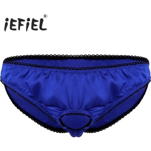 IEFiEL Mens Lingerie Open Penis Ring Soft Satin Low Rise Sissy Bikini Briefs Underwear Underpants String Hommes Gay Sexy Panties